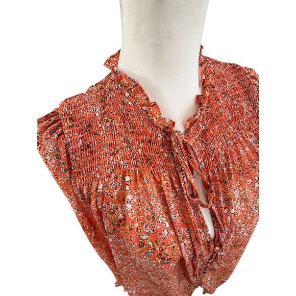 Free‎ People Romantic Feminine Ditsy Coral Ruffled Puff Sleeve Boho Blouse - Picture 3 of 13
